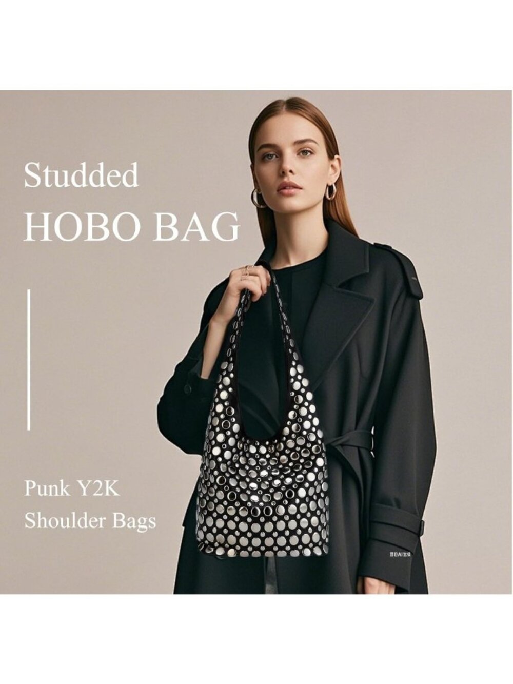 Punk-Inspired Studded HOBO Bag Luxury Trendy Chic Shoulder Handbag PU Leather - Picture 7 of 7